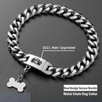 Silver Metal Dog Chain Collar with Design Secure Buckle & ID Tag,Pet Necklace,Strong Stainless Steel Cuban Link Chain,Chew Proof Indestructible Choke Walking Collar for Medium Dogs(19MM 14'')