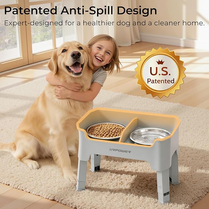 URPOWER Mess Proof Elevated Dog Bowls, Splash Guard Raised Bowl Stand | 4 Height Adjustable Raised Stand with 2 Stainless Steel Food Bowls & Licking Plate for Small, Medium & Large Dogs