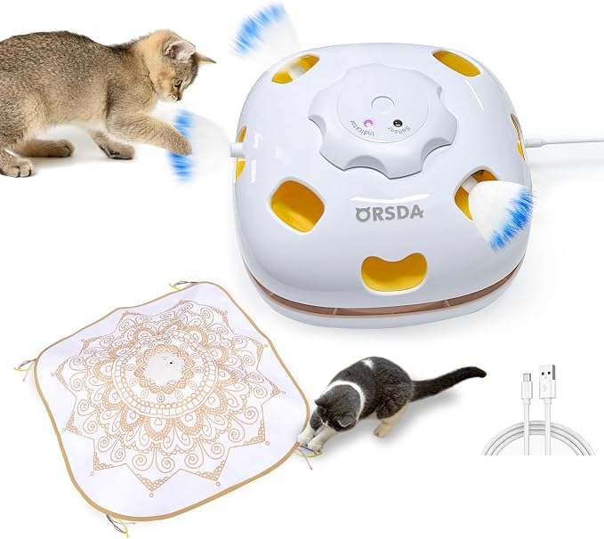 ORSDA Cat Toys for Indoor Cats, 4 in 1 Interactive Automatic Kitten Toys Hide and Seek with Mat, 8 Holes Mice Whack-A-Mole, Moving Wand Teaser Feathers,Rechargeable Electric Exercise Kicker Kitty Toy