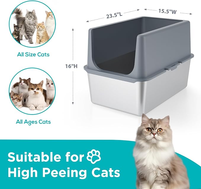Stainless Steel Cat Litter Box with Lid,Metal Cat Litter Box,23.5x15.5x16in | Cat Litter Pan for Large Cats, Non-Sticky Large Kitty Litter Box Easy to Clean, Anti-Leakage,xxxl