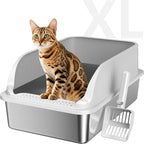 Stainless Steel Cat Litter Box with Lid, XL Metal High Sided Litter Box | Odor Free Open Top Litter Pan Easy Cleaning Anti-Urine Leakage Non-Stick Includes Scoop Light Grey