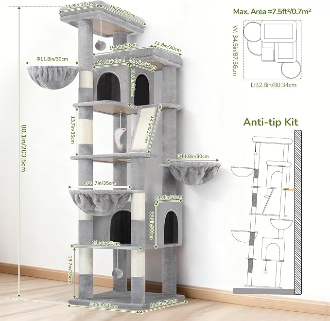Globlazer Extra Large Cat Tree Tower 80in XXL Tall Cat Tree for Multiple Indoor Cats Large Adult Kittens with Scratching Posts, 2 Widened Perches, Adjustable Baskets, 2 Cozy Condos, S80G, Light Grey