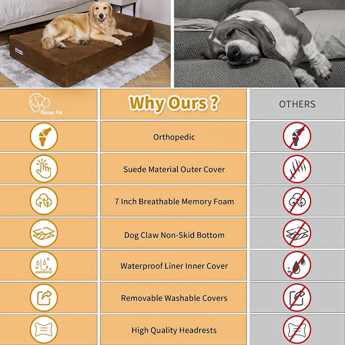 Rainmr Orthopedic Dog Beds for Large Dogs, 7" Memory Foam Dog Beds with Waterproof Liner, Durable Microsuede Cover, Removable and Washable, Nonskid Bottom, 48"x30"x7" L Chocolate