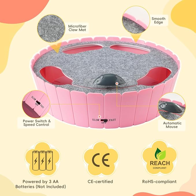 Pawaboo Interactive Cat Toy with Running Mouse, Automatic Track Kitten Toy | Electronic Motion Cat Toy for Indoor Cats, Pop and Play Hide Seek Cats Toys Hunting Mouse for Kitty Play Exercise, Pink
