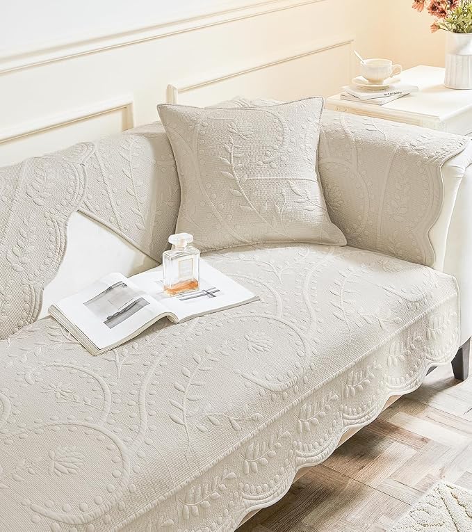 Leaf Floral Cotton Quilted Dog Couch Cover for Sofa Farmhouse Rustic Embroidered Sectional Couch Cover Soft Anti-Slip Sofa Slipcover Furniture Protector for Kids, Pets (Beige,36"x47")