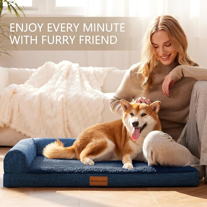 Patas Lague Orthopedic Large Dog Bed Pet Sofa Beds 48''X30''Navy Blue | L Bolster Egg-Crate Foam Dog Couch For Large Sized Dogs, Waterproof Removable Washable Cover, Pet Mat with Nonskid Bottom
