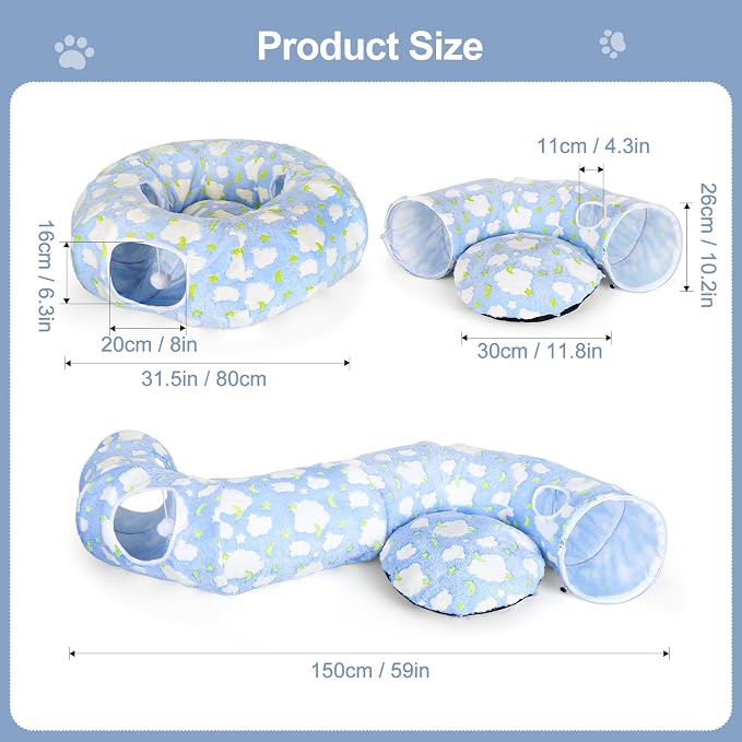Cat Tunnel Bed, Foldable Cat Donut Tunnel with Removable Cushion, Toy Ball & Social Windows, Stress Relief Fun, Round Pet Play Tunnel for Indoor Cats, Kittens and Small Pets (3D Cloud Pattern)