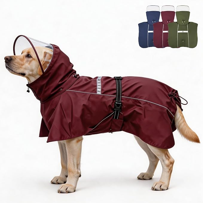 Pet Dog Raincoat Jacket Large Dog Rain Poncho with Transparent Hood, Double-Layer Structure, Adjustable, Waterproof, and Reflective, Suitable for Medium to Large (Wine Red, 3XL)