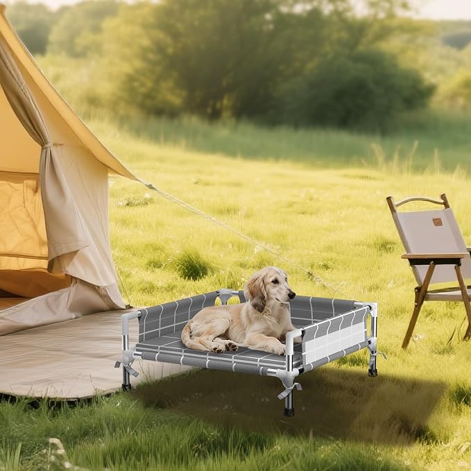 Elevated Dog Bed with Guardrail and Cushion, Raised Pet Bed for Small Dogs | 3-sided safety fence and soft cotton fabric. Anti-slip feet for stable indoor relaxation and outdoor activities