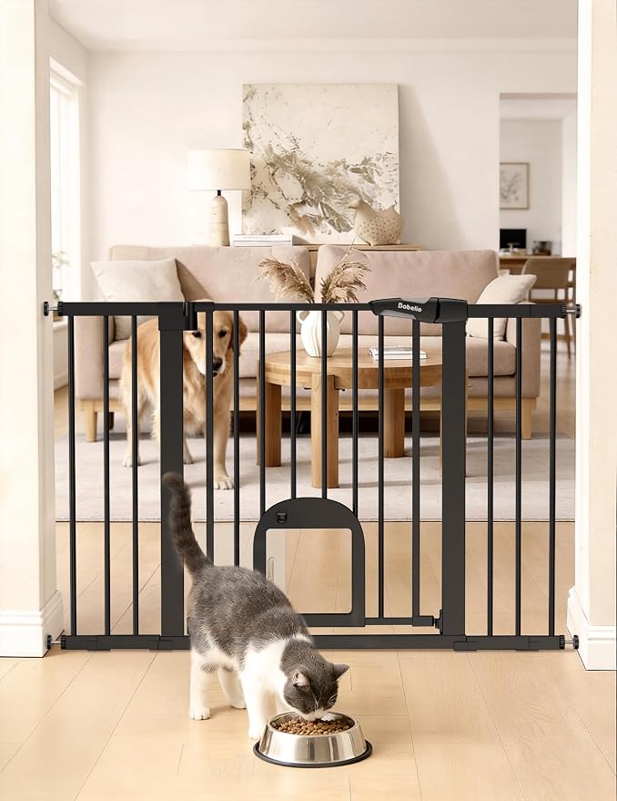 Babelio 29-48" Extra Wide Baby Gate with Adjustable Cat Door, CatPrivilege Ⅲ, Easy Install Pressure/Hardware Mounted, Auto Close Pet Door for Stairs, House, Doorways, Effortless Walk Thru, Black | Adjustable Small Pet Door, Easy Install Pressure/Hardwa...