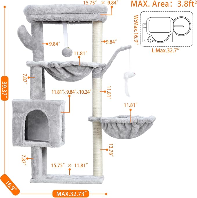 Heybly Cat Tree, 40" Tower with All-Sisal Wrapped Scratching Post HCT006SW | Cat Tower for Indoor Cats, Cat Condo with Soft Platform, 2 Baskets and Dangling Toy, Light Gray
