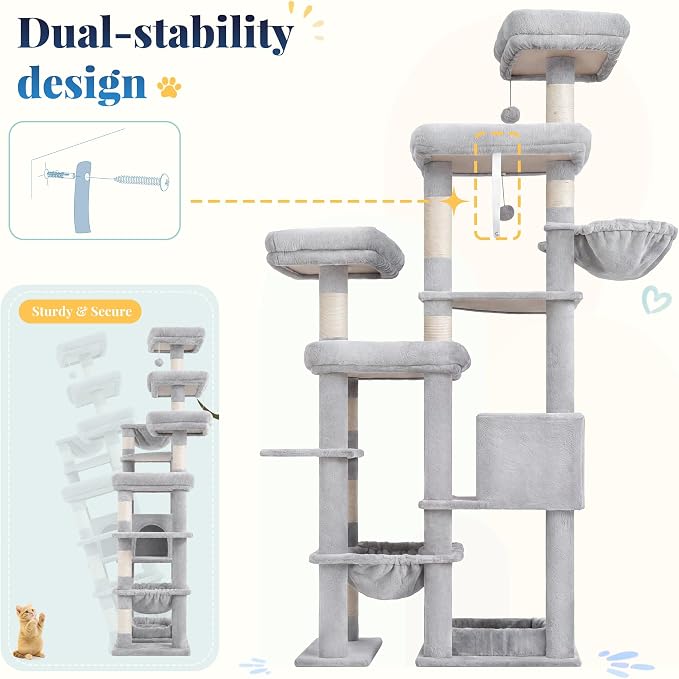 Hey-brother Cat Tree Tower, Wide Base, 5 Platforms for Multi-Cats, MPJ074W | 72.8 Inches Tall Furniture, 5 Plush Beds, Large Condo, Big Hammocks, Sisal Scratching Posts, for Indoor Adult Cat, Light Gray