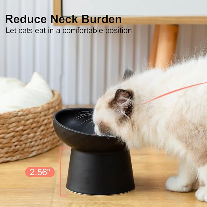 YauYik Ceramic Elevated Cat Bowls - 15°Tilted Cat Food Bowls for Indoor Cats, Whisker Fatigue Relief Shallow Cat Bowl, Anti Vomiting Raised Cat Feeding Bowls,8 Ounces, Black, 2 Pack