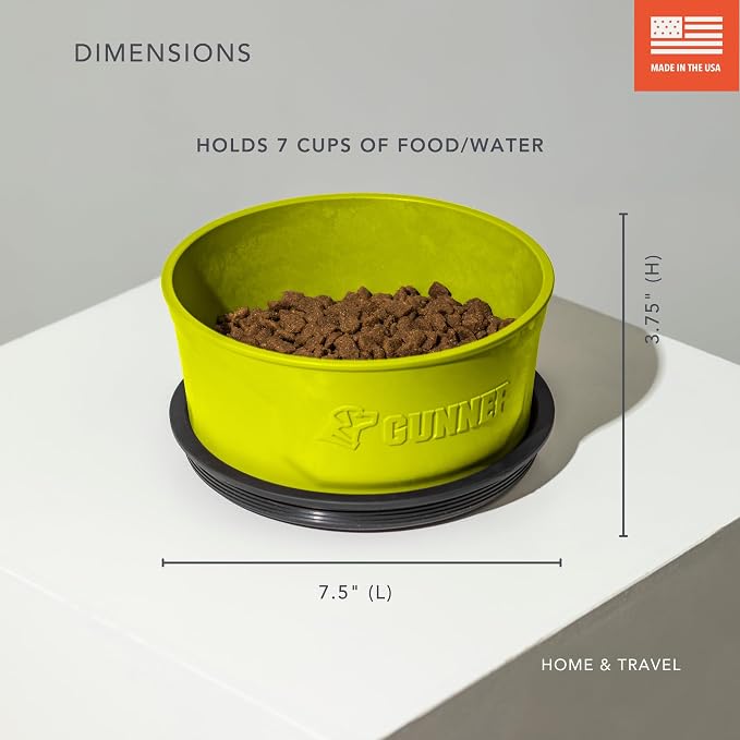 Dog Bowl with Spill-Proof Travel Lid, Yellow Green, 7-Cup Bowl | Yellow Green 7-Cup Dog Bowl, Spill-Proof Travel Lid, BPA-Free, Rust-Proof, Shock-Resistant, Stackable and Dishwasher Safe