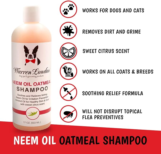 Warren London Neem Oil with Oatmeal Dog Shampoo - Deep Cleansing & Moisturizing for Sensitive Skin - Itch Relief & Odor Control - Made in USA - 17 oz