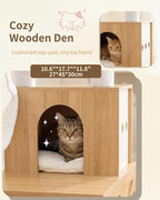 Heybly Cat Tree with Litter Box Enclosure, Modern 64" Hidden Tower HCT105BT | All-in-One Solid Wood Cat Condo for Indoor Cats with Paw-Shaped Board, Multi-Level Perch & Playzone, White Oak