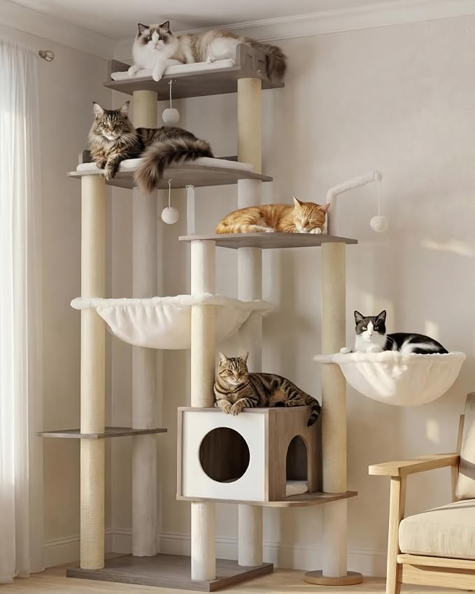 Heybly Cat Tree, 70.5" Wood Tall Cat Tower for Large Indoor Cats HCT121SG | Modern Cat Furniture with Extra Stable Structure, All-Sisal Scratching Posts, Cat Condo & Hammocks, Smoky Gray