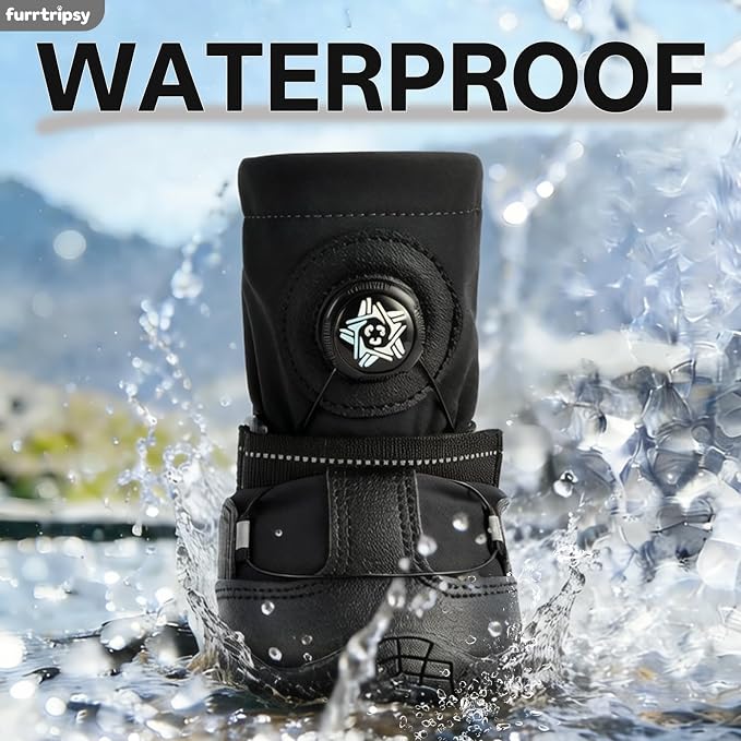 Dog Booties with Micro-Adjustable Dial, Waterproof Dog Shoes for Large Medium Small Dogs, Rugged Non-Slip Rubber Paw Protectors for Hot Pavement and Snow, Hiking 4PCS (Black, Size 7)