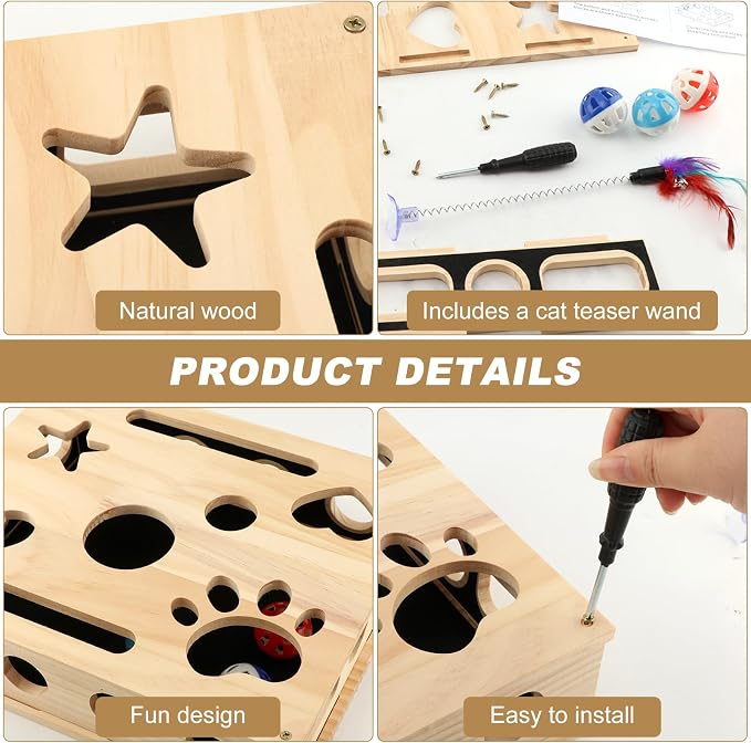 Cat Nail File Box, Wooden Scratch Puzzle Enrichment Box, Textured Nail Filing Surface, Includes Bell Ball and Cat Teasing Stick, for Indoor Cats