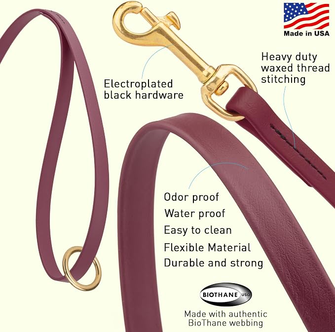 Viper Biothane K9 Working Dog Leash Waterproof Lead for Tracking Training Schutzhund Odor-Proof Long Line with Solid Brass Snap for Puppy Medium and Large Dogs 6ft, Merlot Burgundy