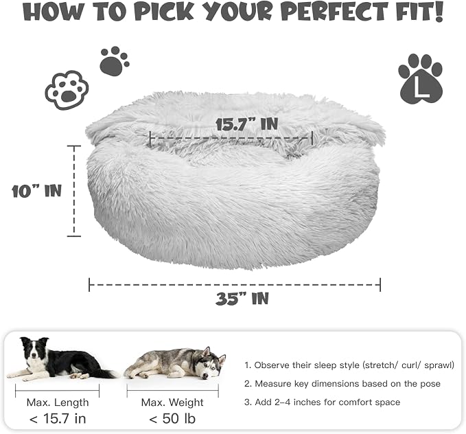 Himax Covered Large Dog Bed with Blanket Attached Calming Burrow Light Grey | 35in Anti-Anxiety Donut dog bed with cover, Washable Round Fluffy Pet& Cat Beds for Indoor