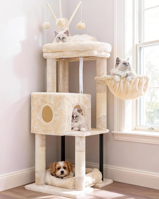 Heybly Cat Tree, 45.3" Cat Tower for Indoor Cats with Large Perch HCT202SM | All-in-One Cat Furniture with Cozy Bed, Hidden Space Cat Condo, Comfy Hammock, Scratching Posts & 3 Pompoms, Beige