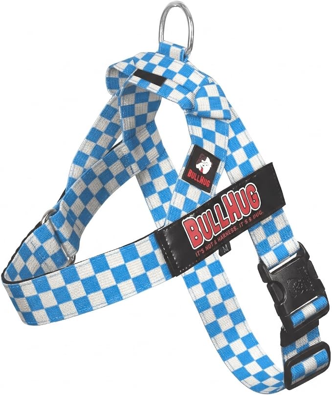 BULLHUG Adjustable Dog Harness– No Pull, No Choke – for English Bulldogs, French Bulldogs, Pugs & Broad-Chested Breeds – Easy, Safe Walks (Blue Checkers, Small)