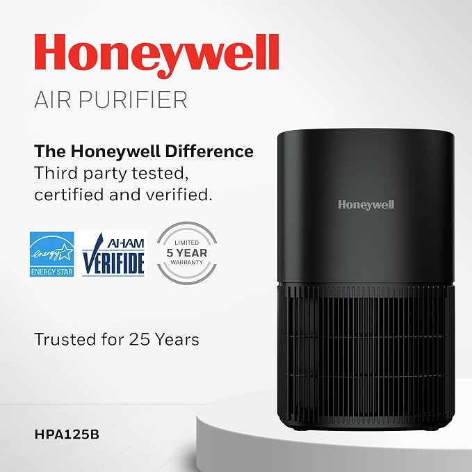 Honeywell Allergen Plus Compact HEPA Small Room Air Purifiers, Black | Honeywell air purifiers for home, Up to 530 ft², Quiet HEPA air purifiers for bedroom, 3-in-1 filter, HPA125B