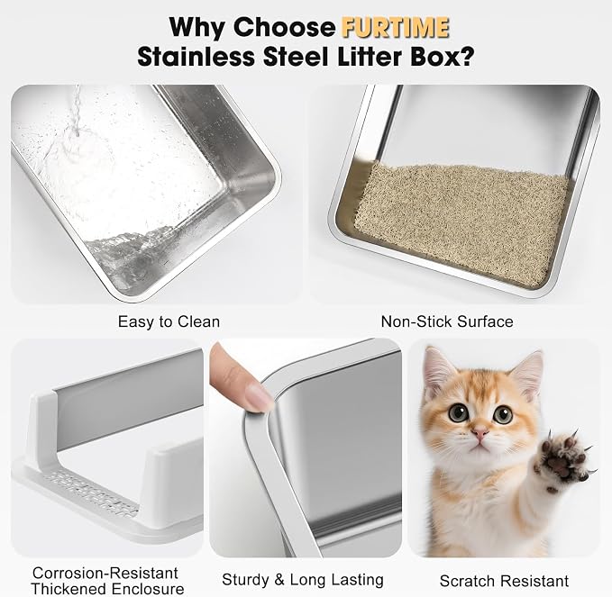FURTIME Stainless Steel Cat Litter Box, Small Cats Metal Litter Box | High-Sided Open-Top Easy-Clean Litter Pan, Non-Stick, Anti-Leakage, Odor-Free, Comes with Scoop & Mat, 17"×13"×8.4"