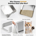 FURTIME Stainless Steel Cat Litter Box, Small Cats Metal Litter Box | High-Sided Open-Top Easy-Clean Litter Pan, Non-Stick, Anti-Leakage, Odor-Free, Comes with Scoop & Mat, 17"×13"×8.4"