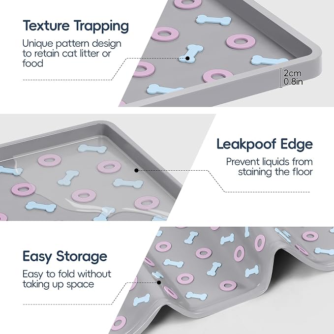 Silicone Cat Litter Mat 40" x 28" Cat Mat for Litter Box, Light Grey | Extra Large Litter Box Mat, Waterproof Cat Litter Trapping Mat, Non-slip, Leakproof Kitty Litter Mat with Bone Pattern