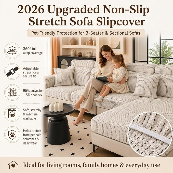Stretch Sofa Slipcover, 2026 Upgraded Non Slip Couch Cover with Adjustable Straps, Pet Dog Cat Friendly Furniture Protector for 3 Seater, Washable for Living Room