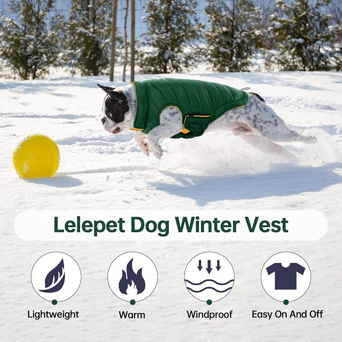 Lelepet Reversible Dog Coat Windproof Dog Jacket Lightweight Puffer Vest | Dogs Puffer Coat for Large Dogs Adjustbale Hook & Loop Pet Apparel Cold Weather Coats with Leash Hole, Pitbull, Green, XL