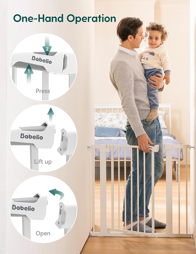 Babelio Pressure Mounted Baby Gate for Stairs, 26-40" Wide Dog Gate,2 Pack | Triple-lock System; Pressure/Wall Mount; Auto-close; 200N Impact Tested; Easy Install for Doorways, Kitchen, Hallway, White