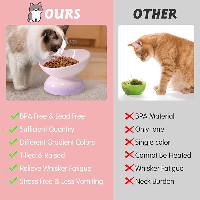 kathson 4 Pcs Ceramic Raised Cat Bowls, Elevated Tilted Cat Food Bowl, Anti Vomiting Pet Food Bowl, Colorful Porcelain Pet Feeder Dish for Cats and Small Dogs, Stress Free(Blue,Green,Purple,Pink)