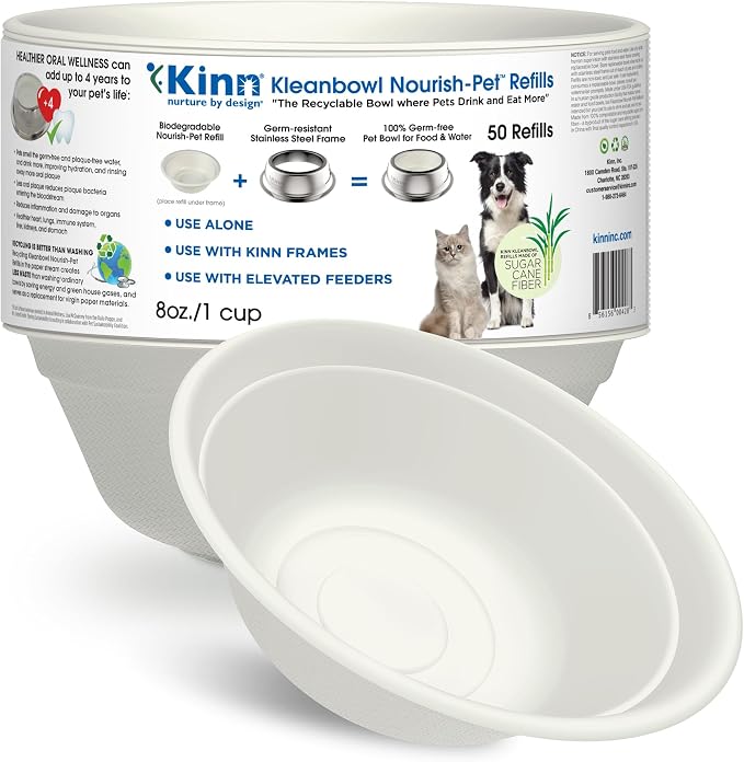 Kinn Kleanbowl Disposable Dog Food Bowls, 8 oz, Pack of 50 | Frame System Refills, Use for Travel, Boarding, or Crate, Compostable, No Plastic, Leakproof