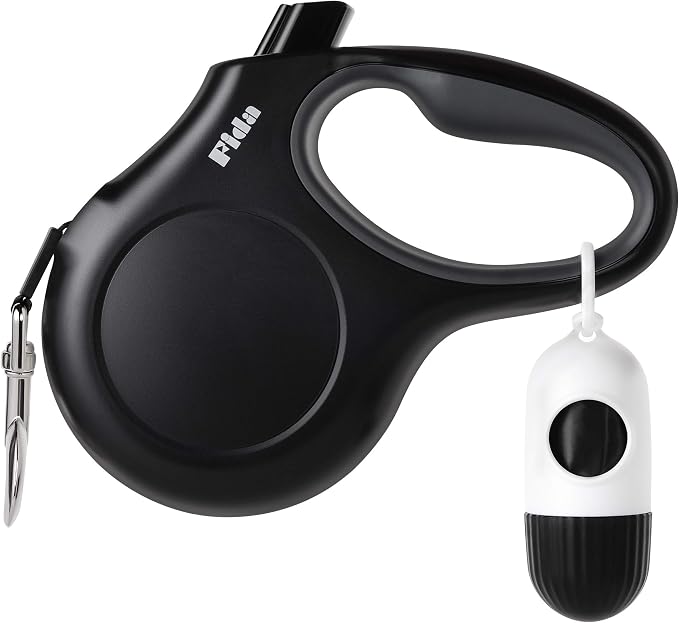 Fida Retractable Dog Leash with Dispenser and Poop Bags, 16 ft Pet Walking Leash for Medium Dog or Cat up to 44 lbs, Anti-Slip Handle, Tangle-Free, Reflective Nylon Tape (M, Black)