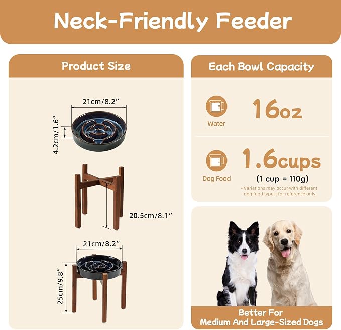 Havniva Raised Slow Feeder Dog Bowls, Elevated Dog Bowls Slow Feeder | 1.6 Cups Ceramic Dog Bowl Elevated with Acacia Wood Stand, Raised Dog Food Bowl, Puzzle Slow Feeder for Medium Dogs, Non-Slip