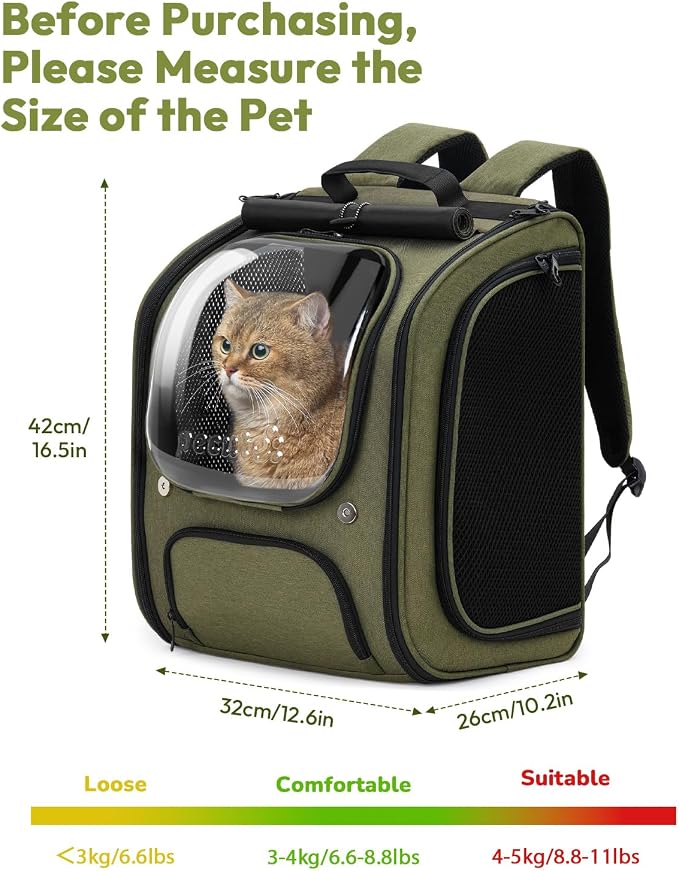 Pecute Cat Backpack Carrier,Large Space Dog Bubble Backpack,Ergonomic,Green | Bubble Transparent Window,Sunshade Curtain,Safety Rope,Sturdy,Large Mesh for Breathability,Suitable for Outdoor,Vet