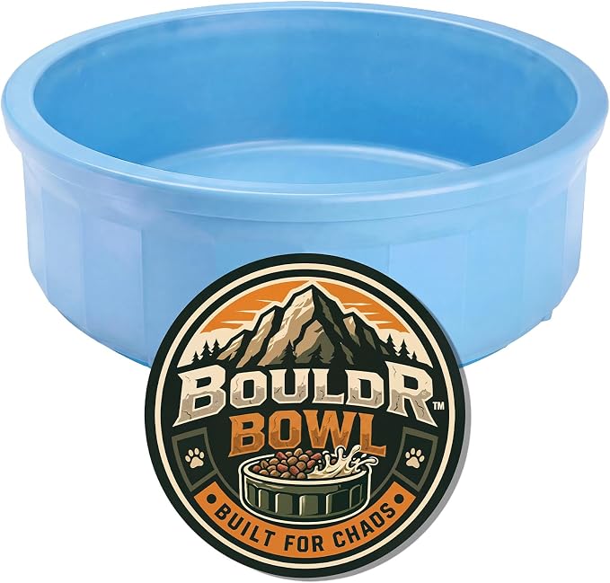 Pet Crock Bowl – Thick Durable Plastic Non-Tip Food & Water Dish for Dogs, Cats & Small Animals – Indoor/Outdoor – Chew Resistant, Easy Clean (Bright Blue, Large 48oz)