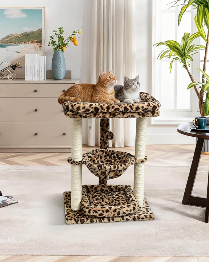SYANDLVY Leopard Print Small Cat Tree with Top Perch, Hammock & Bottom Bed | 3 Level, Natural Sisal Scratching Post Tower with Hanging Bell Ball and Anti-Tip Strap, Stable Indoor Cat Furniture