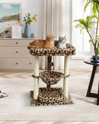 SYANDLVY Leopard Print Small Cat Tree with Top Perch, Hammock & Bottom Bed | 3 Level, Natural Sisal Scratching Post Tower with Hanging Bell Ball and Anti-Tip Strap, Stable Indoor Cat Furniture
