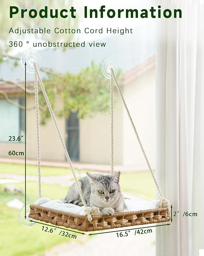 SETVSON Cat Window Perch Cat Window Hammock Bed, PE Rattan, Natural | 360° Clear View Bird Watching Seat, Sunbathing Shelf with 4 Suction Cups, 2.3 Inch Fence, Removable Washable Cushion