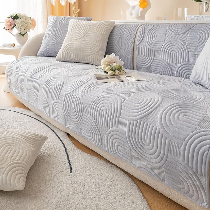 Soft Plush Geometric Quilted Couch Sofa Cover Boho Non Slip Fuzzy Sectional Couch Cover Solid Color Washable Sofa Slipcover Furniture Protector for Kids Dogs Cats (Gray,28"x47")