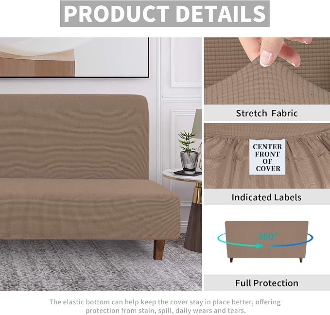 Easy-Going 100% Waterproof Futon Cover, Stretch Futon Slipcover Medium | Dual Waterproof Armless Futon Couch Cover, Leakproof Sofa Bed Furniture Protector for Kids Pets Dog Cat, Camel
