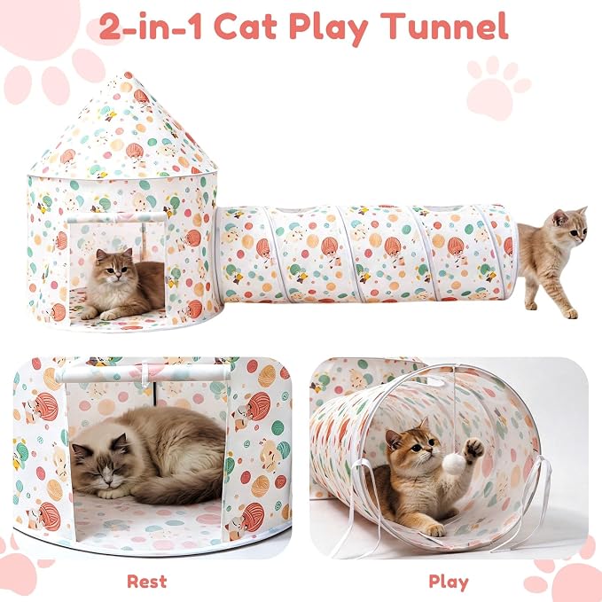 2-in-1 Cat Play Set, Pop-Up Cat Tunnel Rest Hut with Plush Ball Toys | Collapsible Cat Toys Combo with Tent & Ball for Indoor Tunnel, Hiding & Lounging，Suitable forca, dogs, rabbits. Perfect toy.
