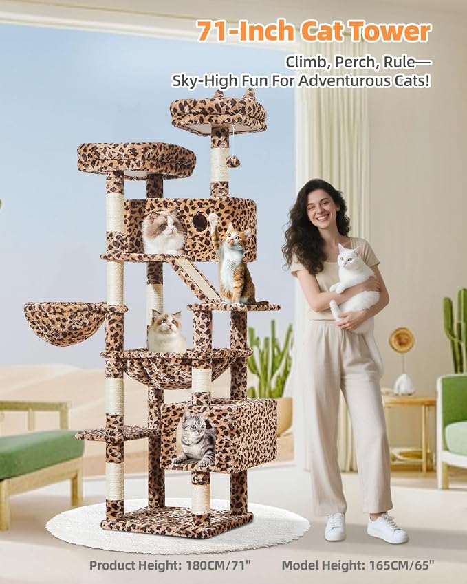 Taoqimiao Cat Tree, 71 in Extra Large Cat Tower for Inddor Cats, MS026LBW | 2 Large Cat Condos, 2 Cute Perches, Metal Frame Cozy Hammock, Durable Scratch Board, 8 Natural Sisal Posts, Basket, Leopard