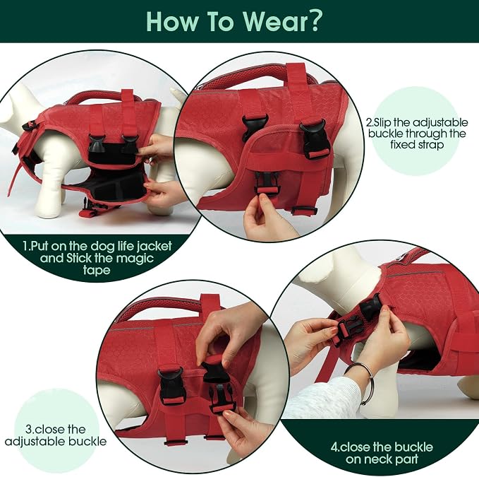 Kuoser Dog Life Jacket, High Flotation Reflective Dog Life Vest, Red, L | Adjustable Dog Lifejackets for Small Medium Large Dogs, Lifevest with Rescue Handle for Swimming, Boating, Lake, Beach & Pool