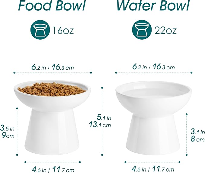 vancasso Extra Wide Elevated Cat Bowls 2-Pack, Shallow Ceramic Raised Cat Food and Water Bowls with 5.1" Height & 6.2" Wide - Anti Vomiting, Whisker Friendly for Senior Cats, and Small Dogs (White)