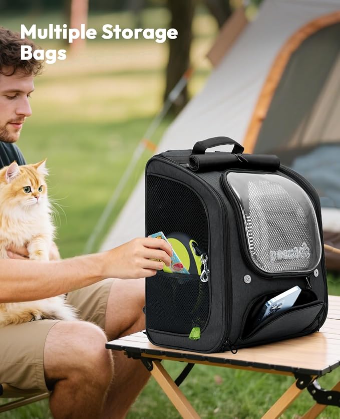 Pecute Cat Backpack Carrier,Large Space Dog Bubble Backpack,Ergonomic,Black | Bubble Transparent Window,Sunshade Curtain,Safety Rope,Sturdy,Large Mesh for Breathability,Suitable for Outdoor,Vet